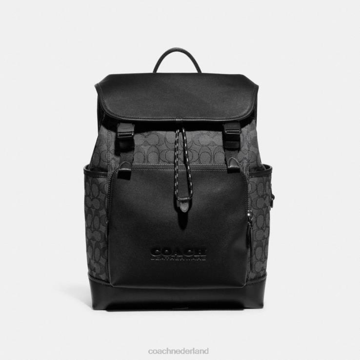 Coach Heren League-rugzak met klep van kenmerkend jacquard houtskool/zwart 02264684