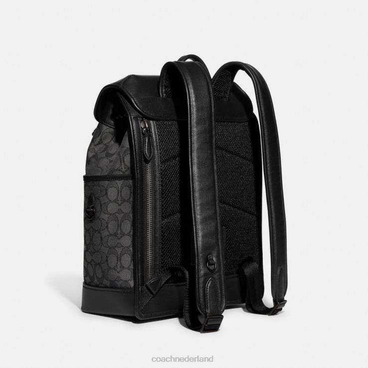 Coach Heren League-rugzak met klep van kenmerkend jacquard houtskool/zwart 02264684