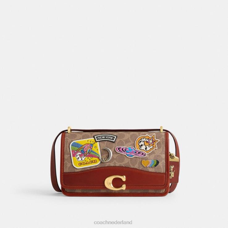 Coach vrouwen kosmische coach bandietenschoudertas van kenmerkend canvas met patches b4/tan roest multi 02264267