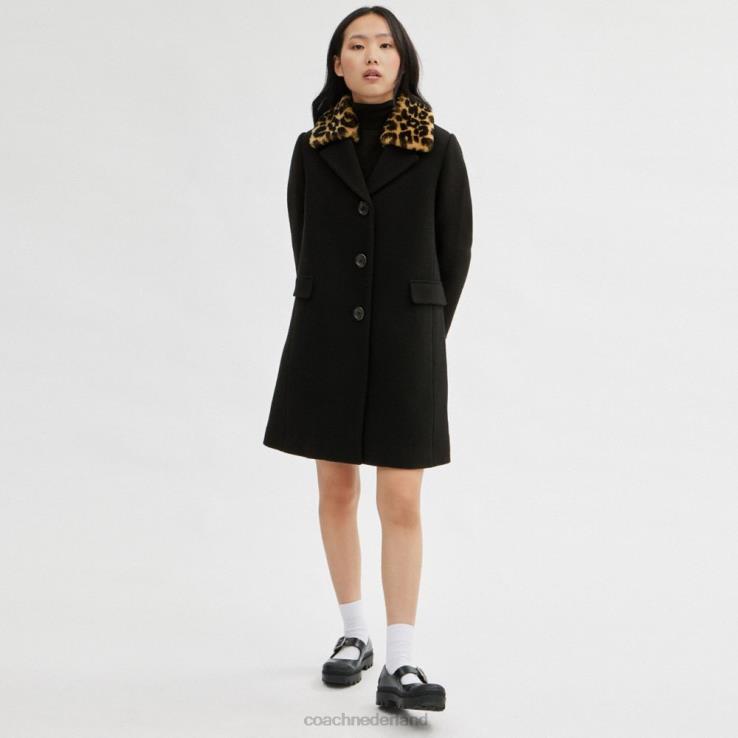 Coach vrouwen wollen jas met shearling kraag zwart 02264449