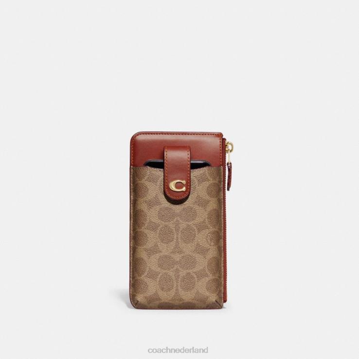 Coach vrouwen essentiële telefoonportemonnee in kenmerkend canvas b4/bruin roest 02264388